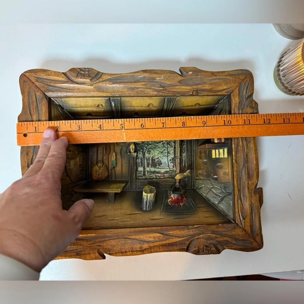 Vintage 3D Hand Carved Wooden Shadow Box Diorama Rustic Fishing Cabin Interior